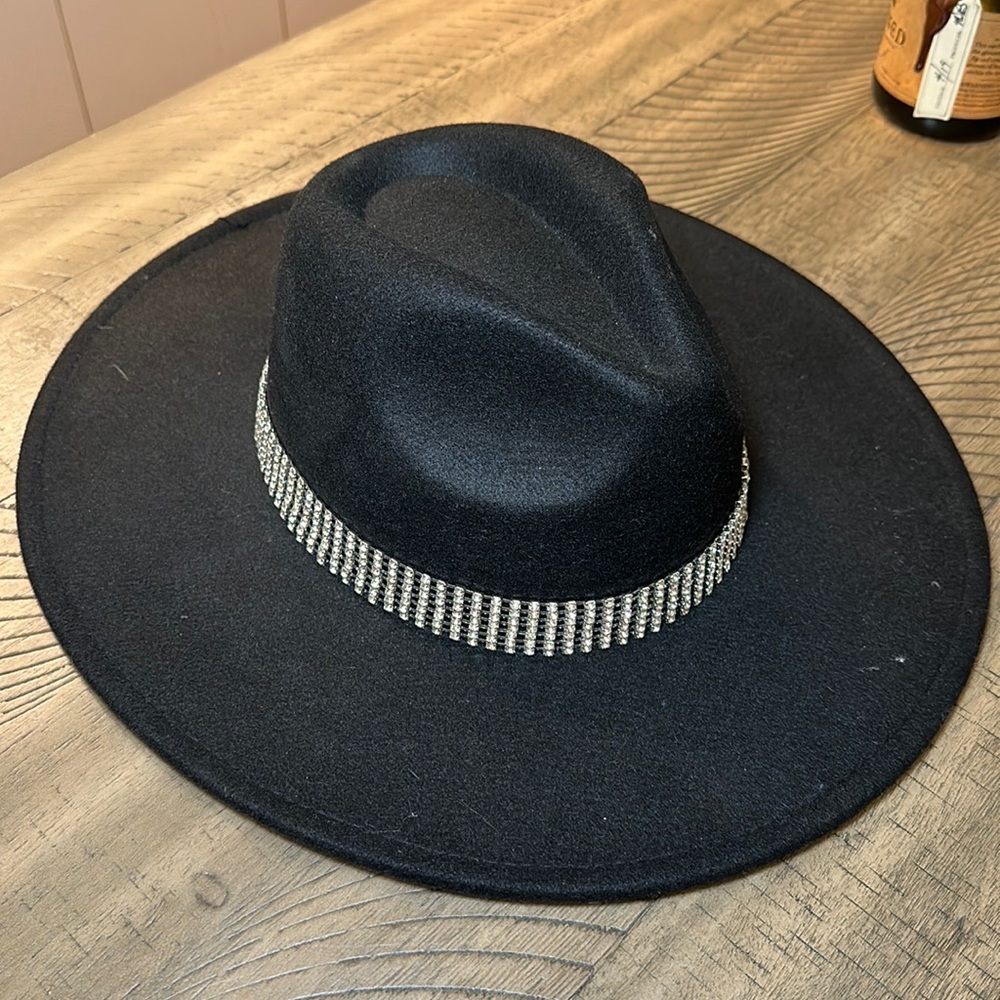 NEW Black felted wide brim hat with rhinestone trim bachelorette party